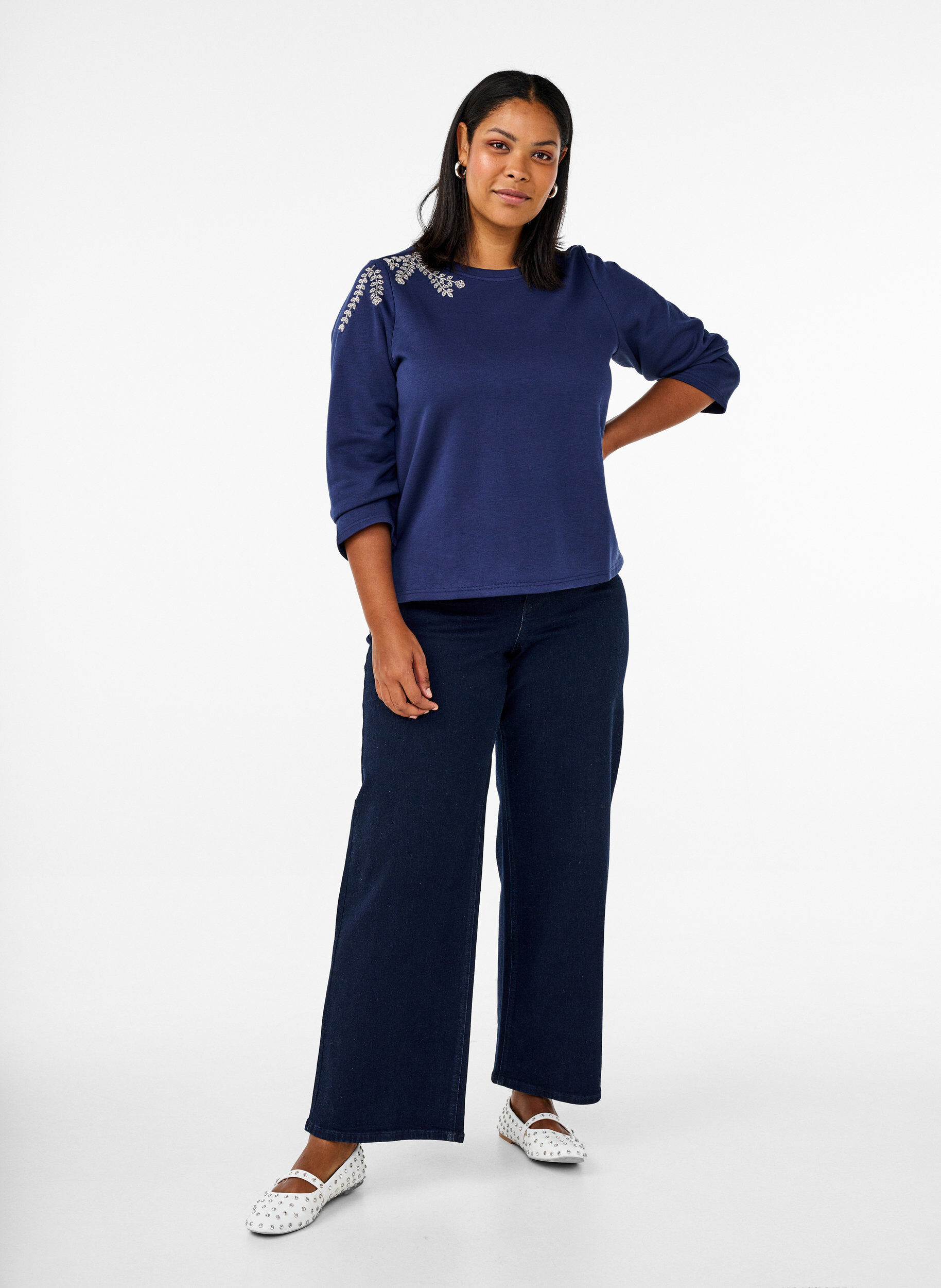 ZizziKort sweatshirt met pareldetails, Blauw, Model image number 1