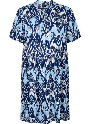 Viscose jurk met korte mouwen en print, Blue Ethnic AOP, Packshot image number 0