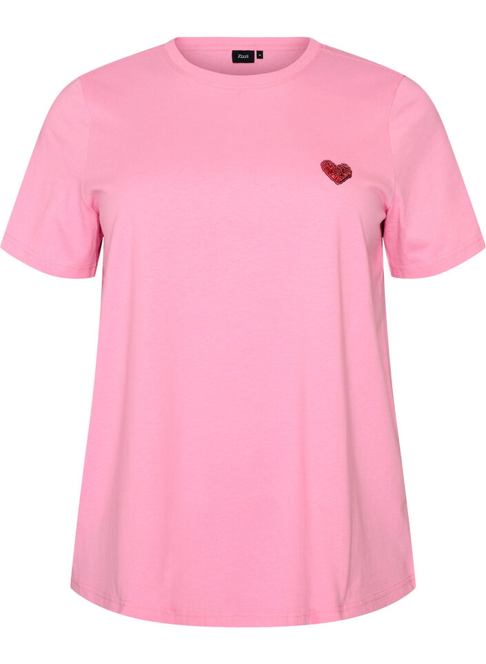 T-shirt met pailletten hart en kleurrijke achterprint, Roze, Packshot image number 0