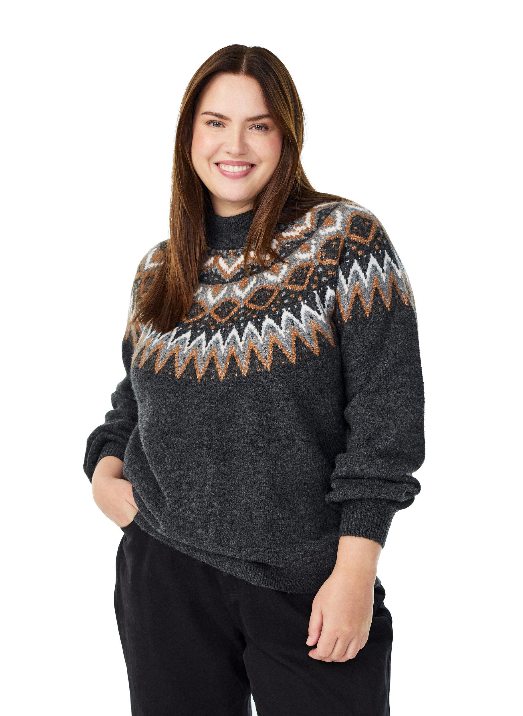 Blouse en maille &agrave; motif et col montant, Gris anthracite, Model