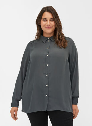 Plissé blouse met parelknopen, Asphalt, Model image number 0