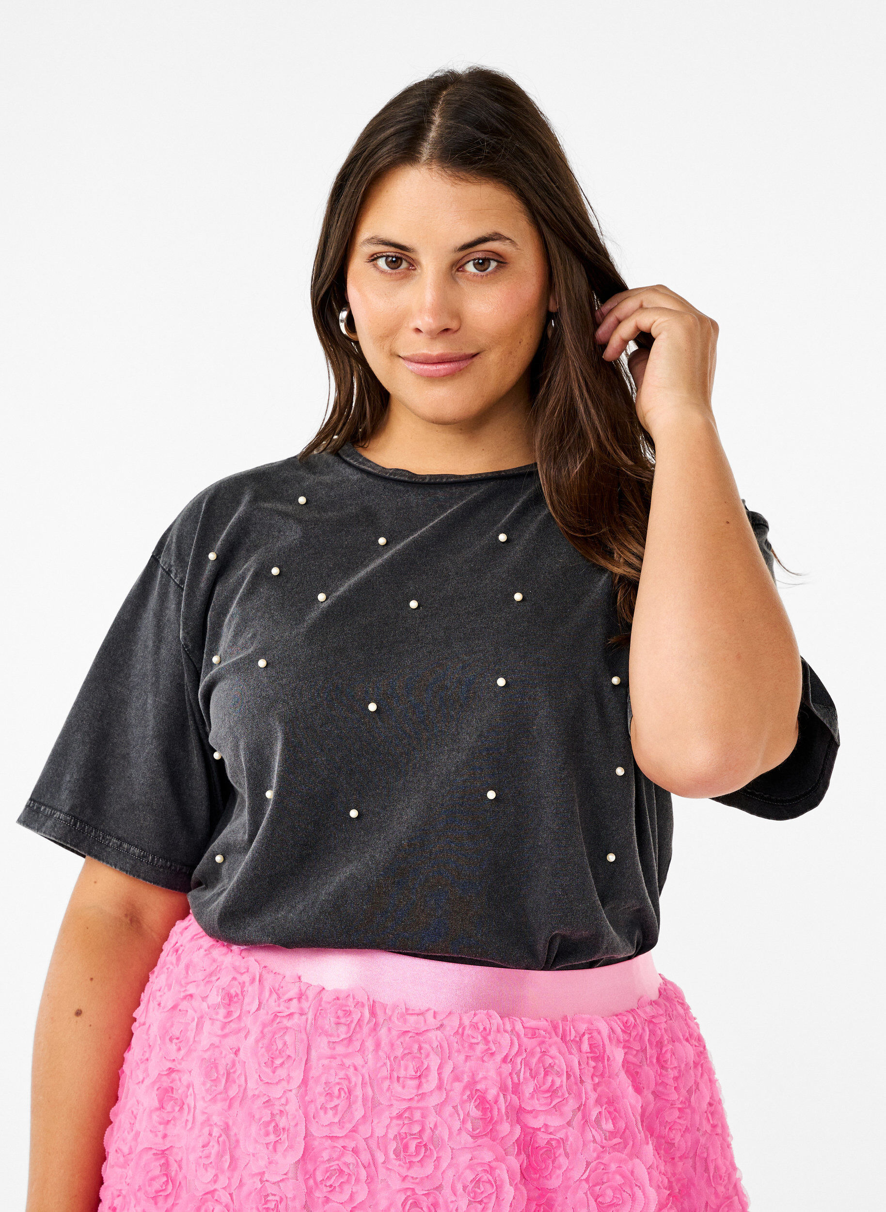 ZizziT-shirt met parels, Grey washed, Model image number 0