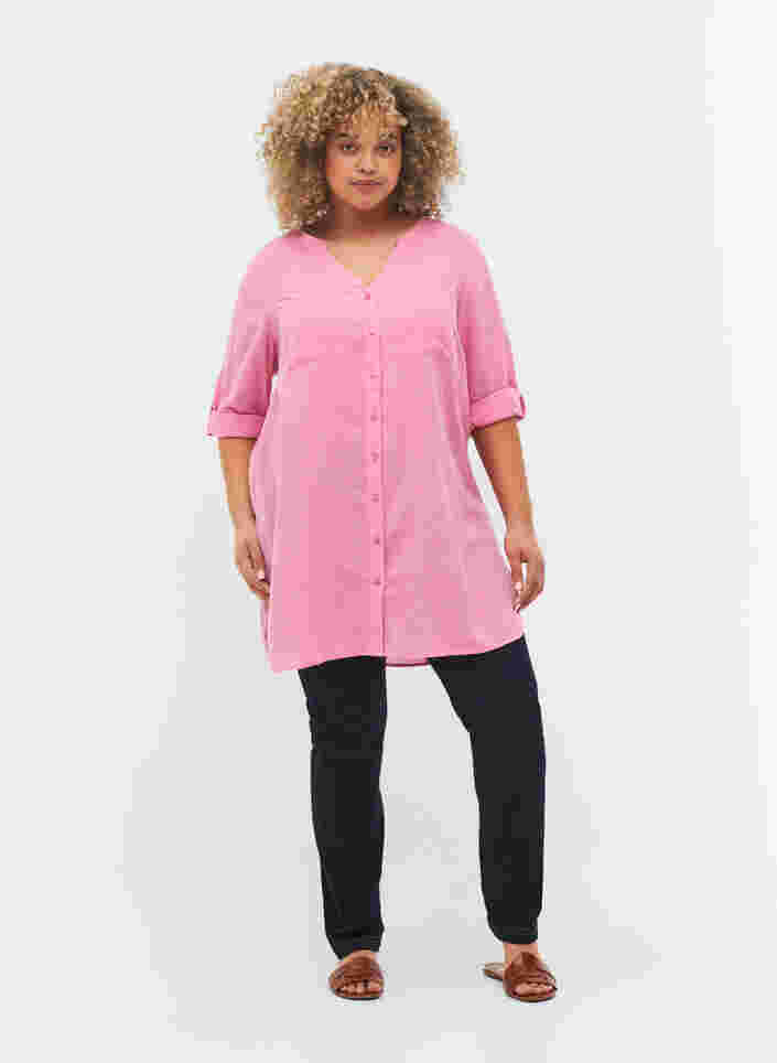 Lange blouse met 3/4 mouwen en v-hals, Rosebloom, Model image number 2