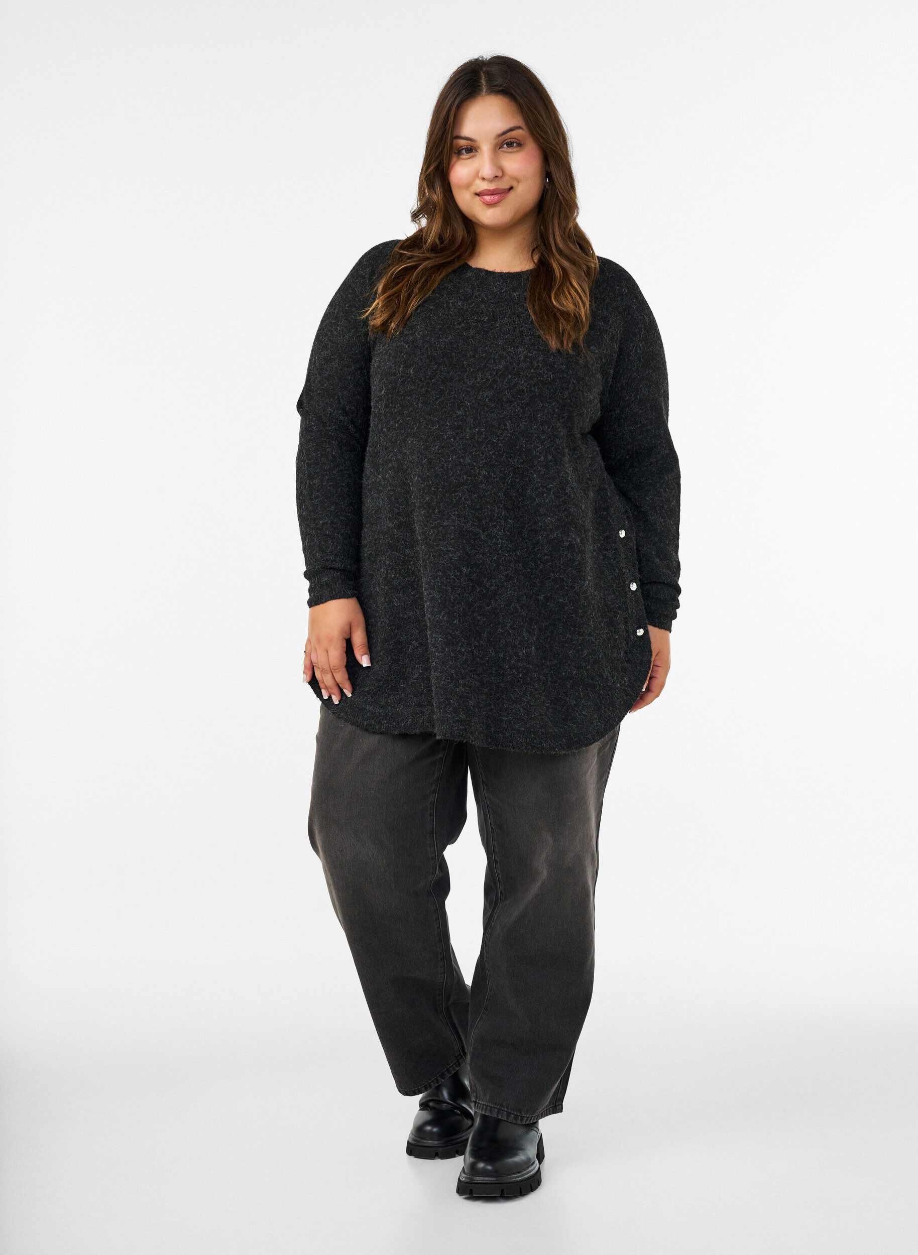 ZizziLange gebreide blouse met balknopen, Grijs, Model image number 1