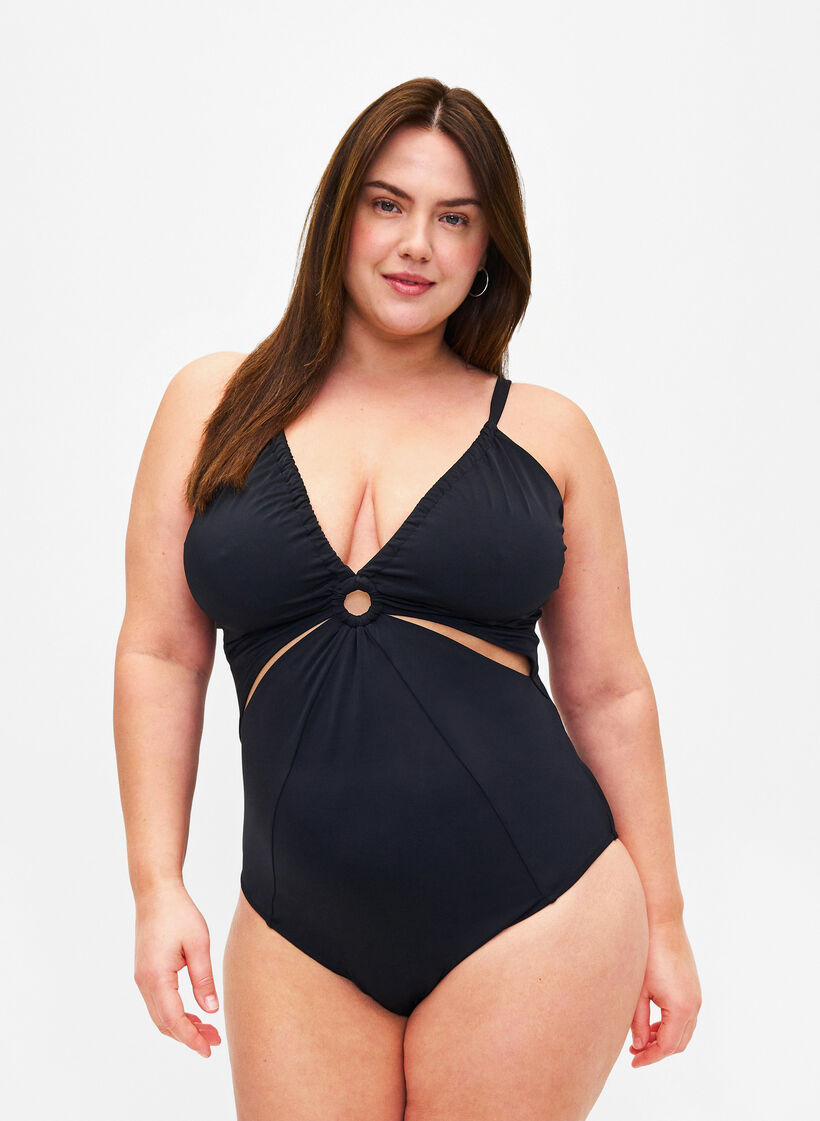 Maillot de bain drapé avec détail d'anneau, Black, Model image number 0