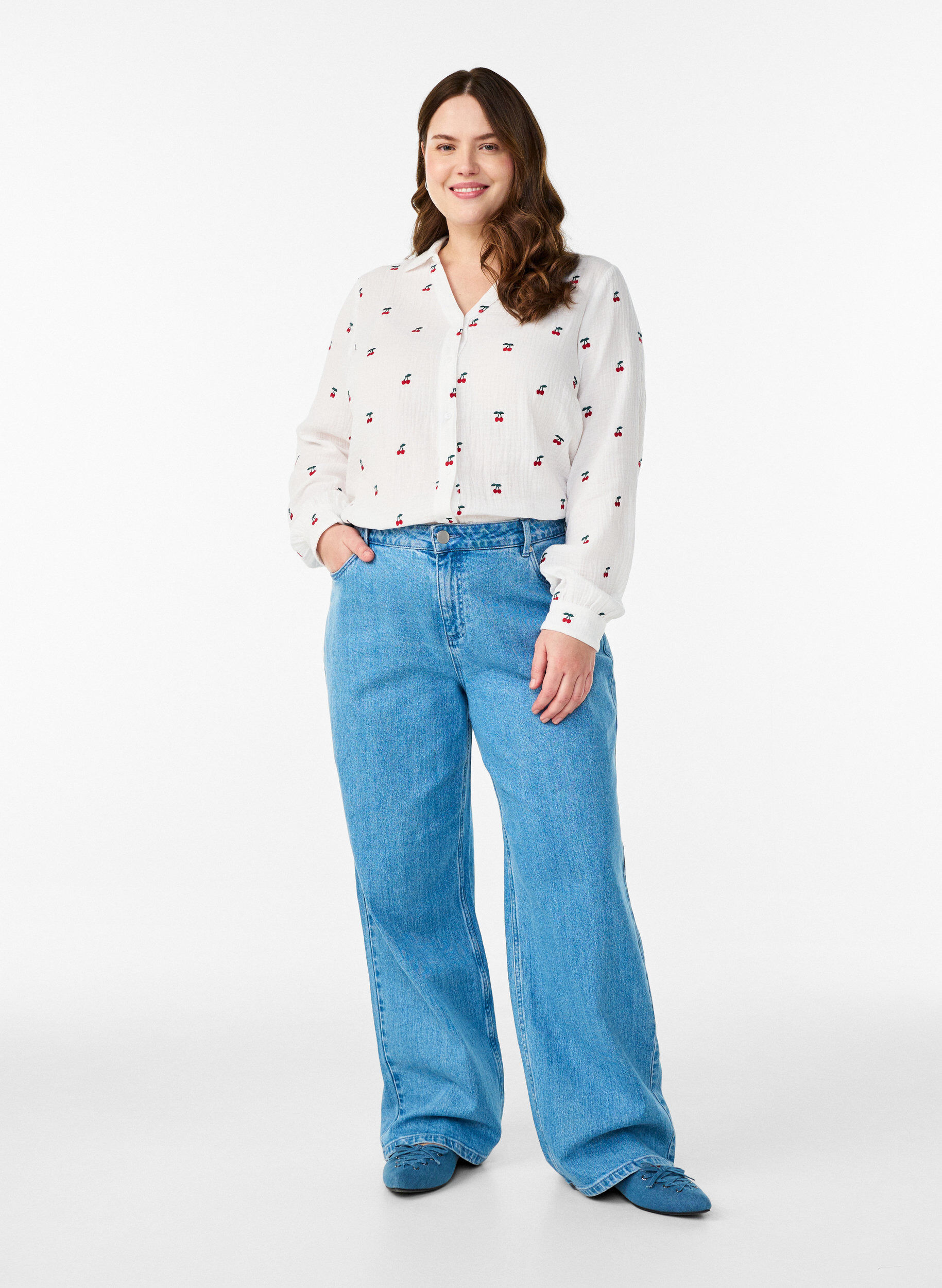 ZizziBlouse van katoen mousseline met lange mouwen en geborduurde motieven, Vanille, Model image number 1