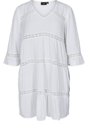 Robe en viscose avec forme trapèze et ruban de dentelle, White, Packshot image number 0