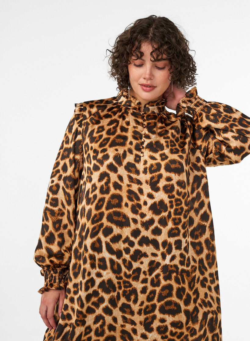 Jurk met luipaardprint en ruches, Bruin, Model