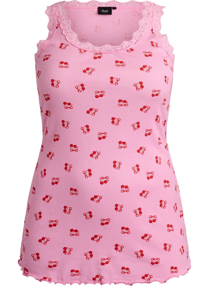 Top avec imprim&eacute; et bord en dentelle, Rose, Packshot image number 0