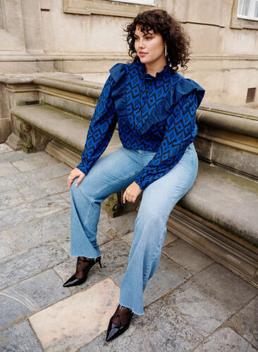 Shirt blouse in viscose met franjes details, True blue w. Black, Image image number 0