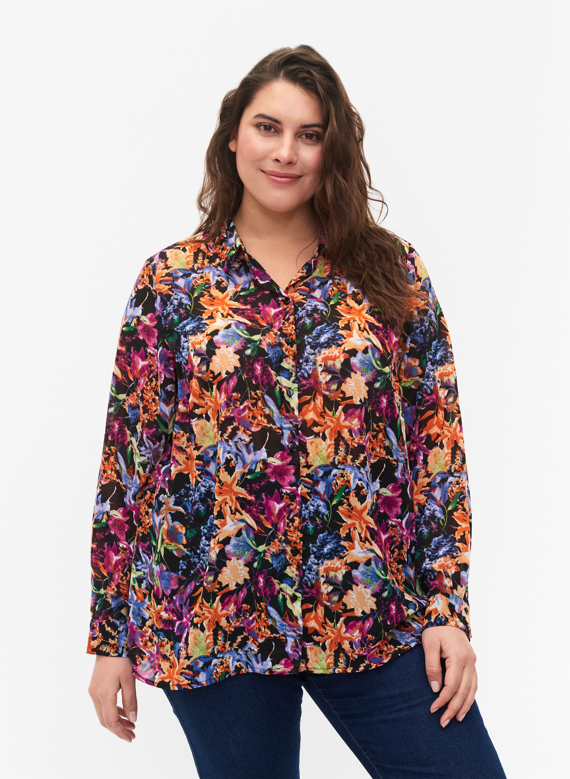 ZizziFLASH - Shirt met lange mouwen en bloemenprint, Orange Pink Flower , Model image number 0
