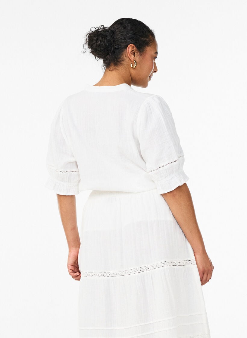 Katoenen mousseline blouse met korte mouwen en crochet details, Wit, Model image number 1