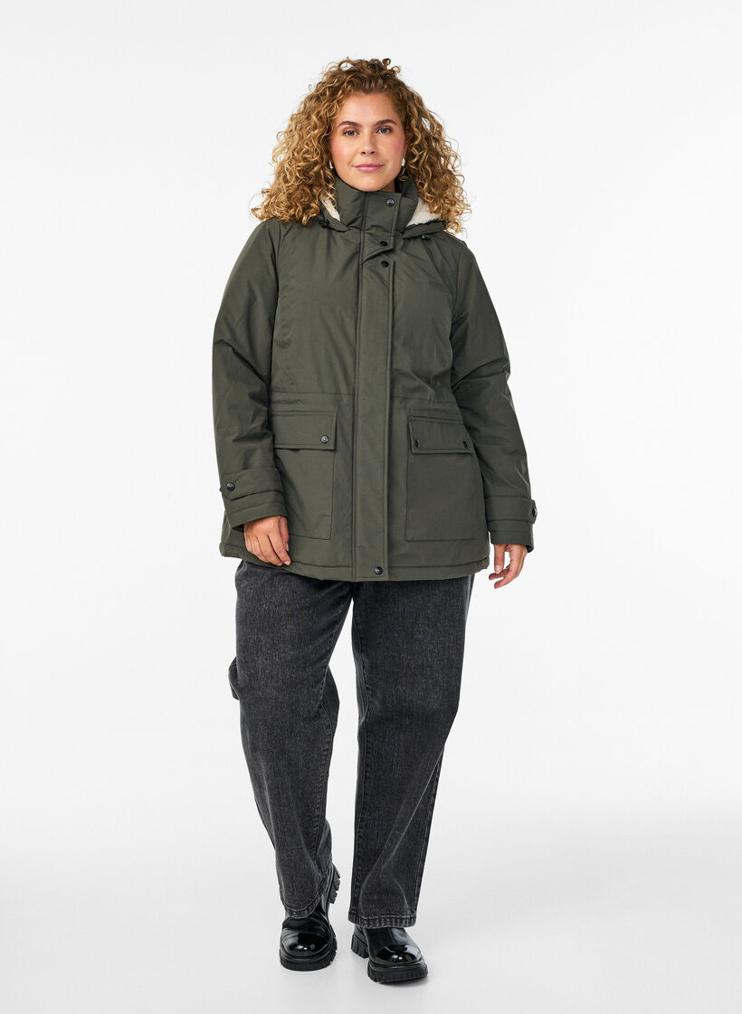 Lichtgewicht gewatteerde parka met teddy gevoerde capuchon, Groen, Model image number 1