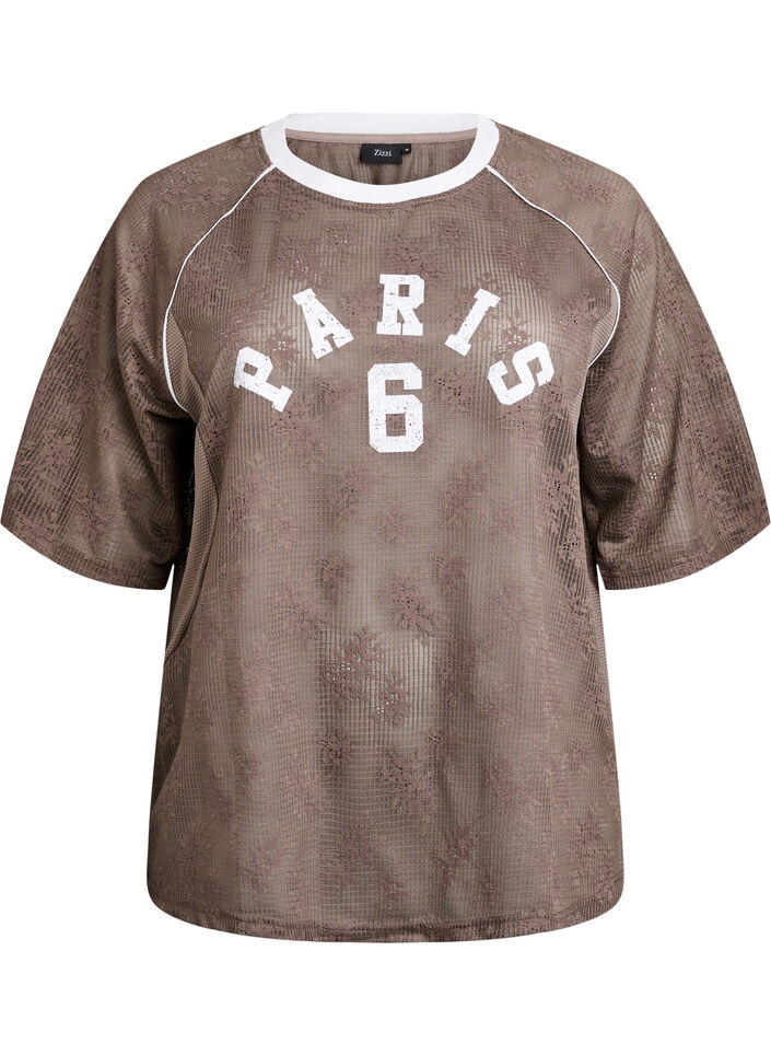 T-shirt en dentelle avec imprimé texte, Marron, Packshot image number 0