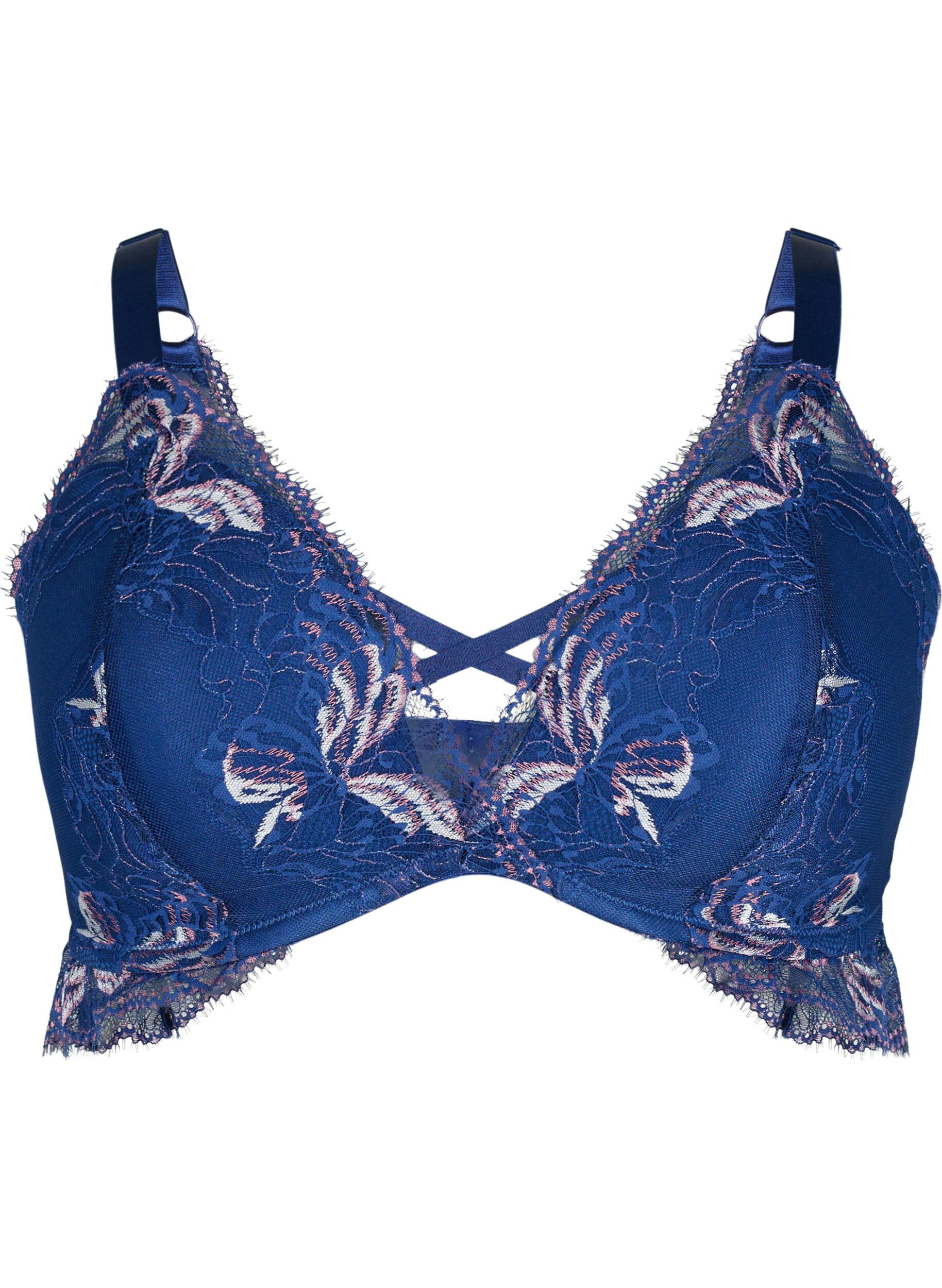 Zizzi Soutien-gorge en dentelle avec d&eacute;tail de cordon et rembourrage, Bleu, Packshot image number 0