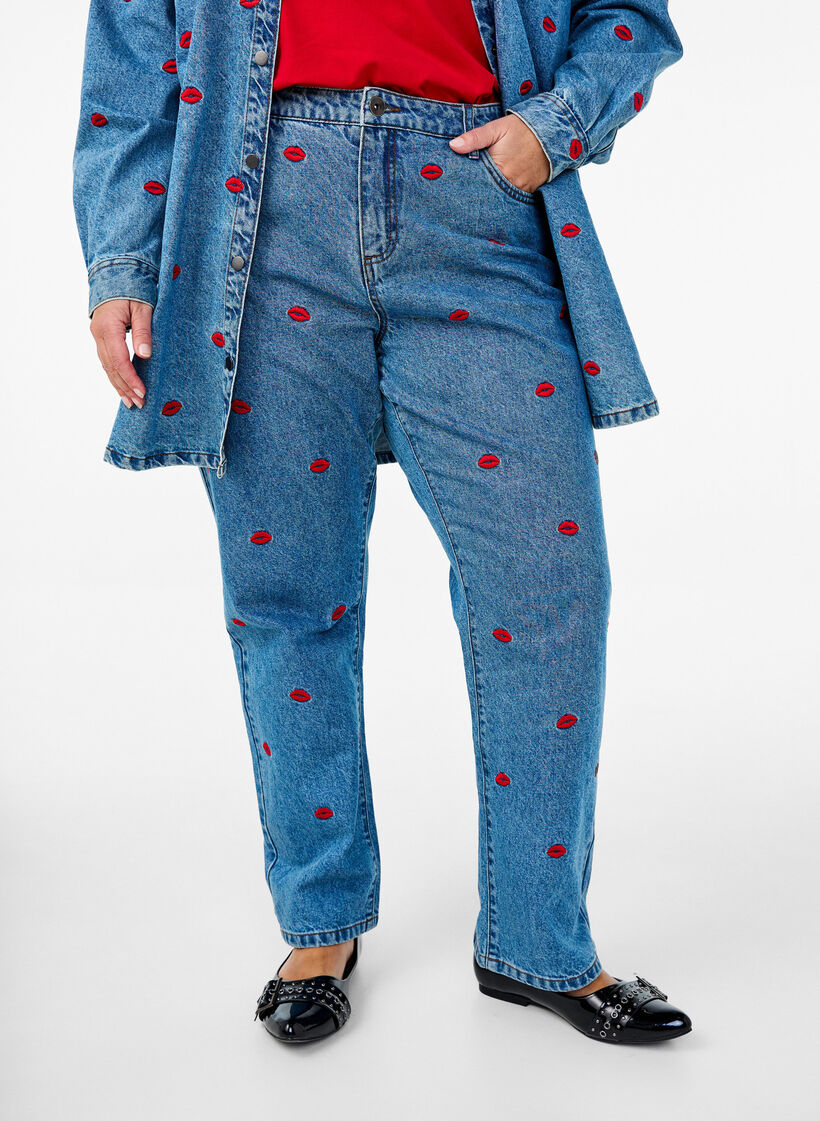 Jean Gemma à taille haute et à décor lèvres, Bleu, Model image number 2