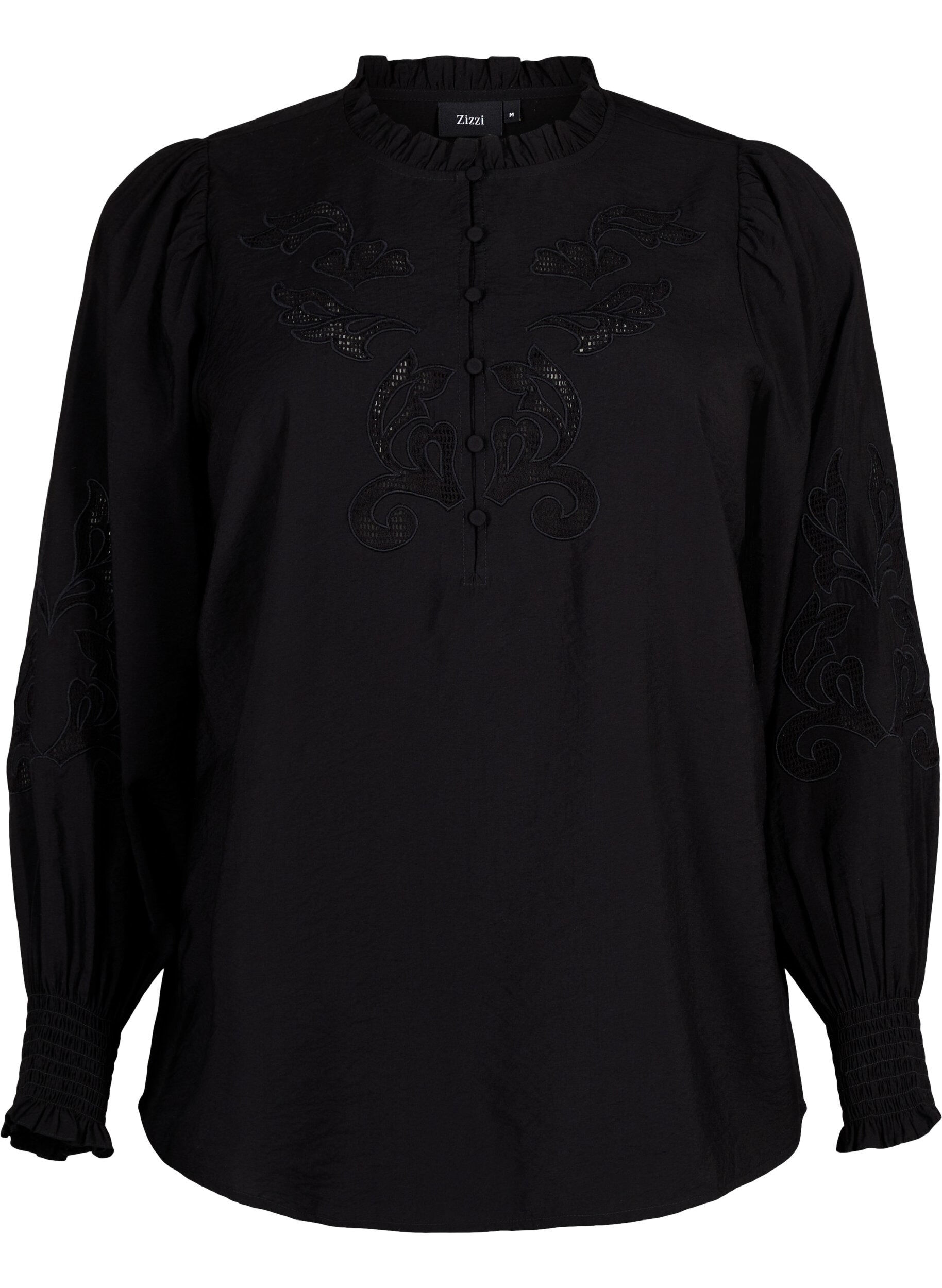 ZizziBlouse met ruches en broderie anglaise, Black, Packshot image number 0
