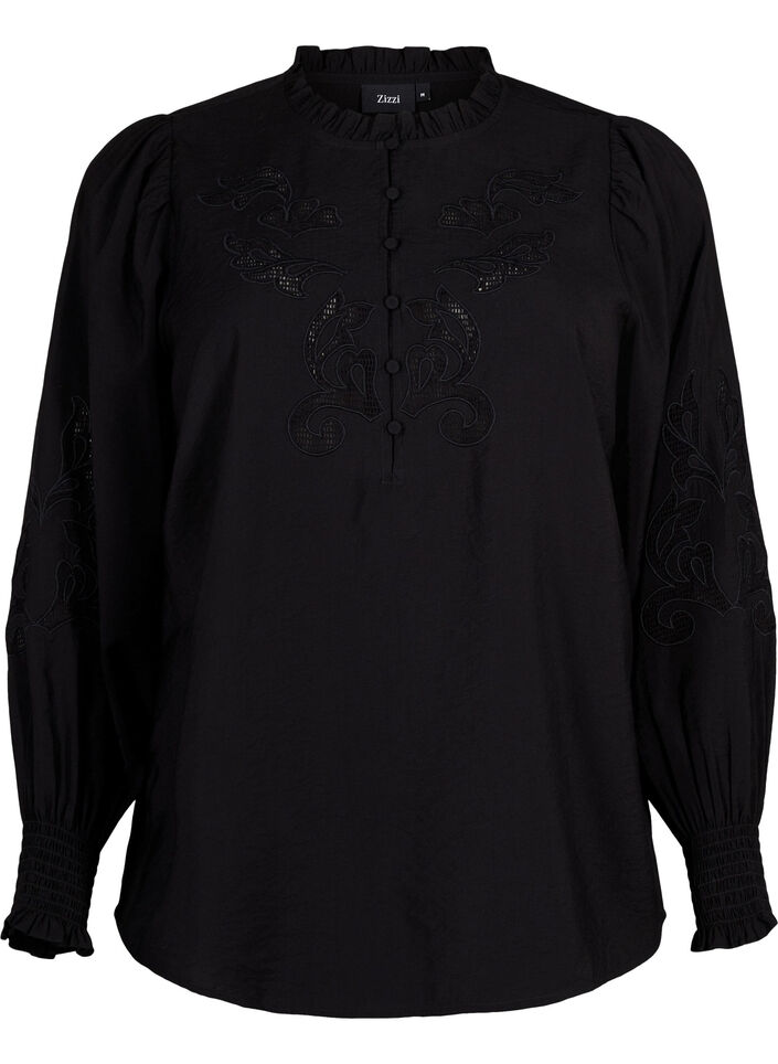 Chemisier avec volants et broderie anglaise, Black, Packshot image number 0