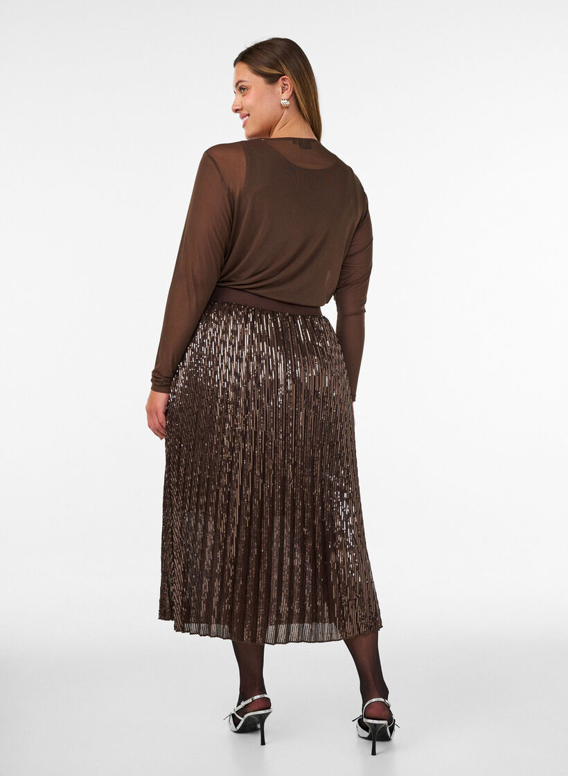 Jupe midi coupe &eacute;vas&eacute;e &agrave; sequins, Marron, Model image number 1