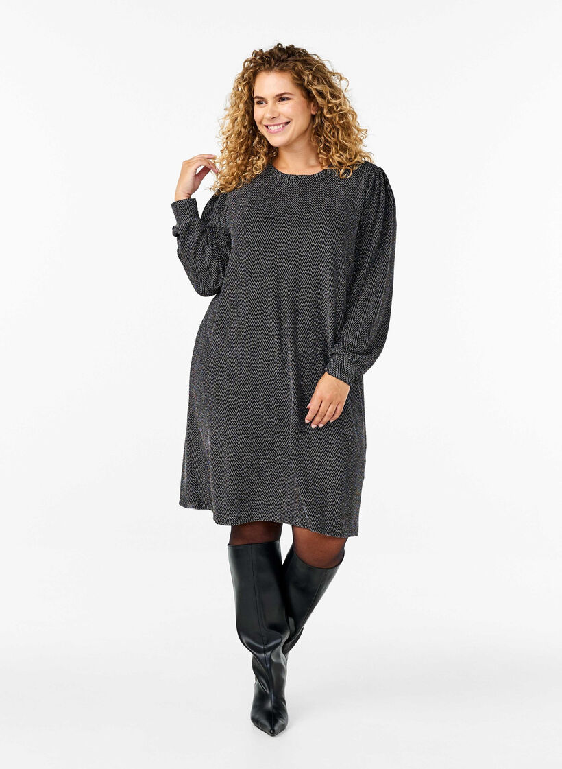 Robe avec un motif en zigzag et des paillettes, Silver ZigZagShimmer, Model image number 2