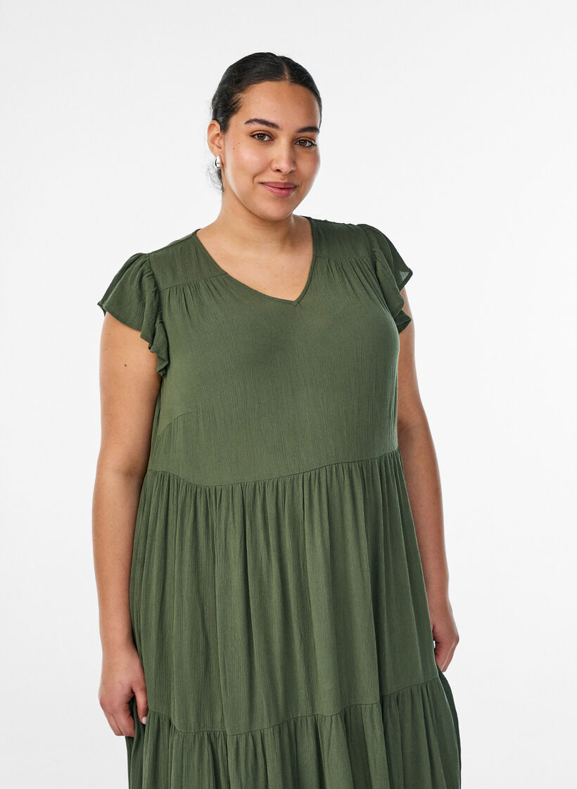 Robe midi en viscose avec manches &agrave; volants, Vert, Model image number 3