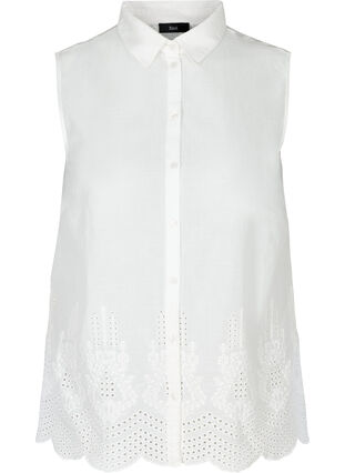 Mouwloze katoenen blouse met anglaise borduursel, Bright White, Packshot image number 0