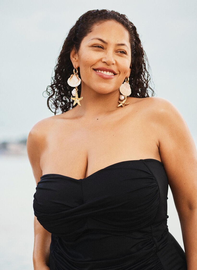 Straploze badpak met drapering en gewatteerde cups, Zwart, Image