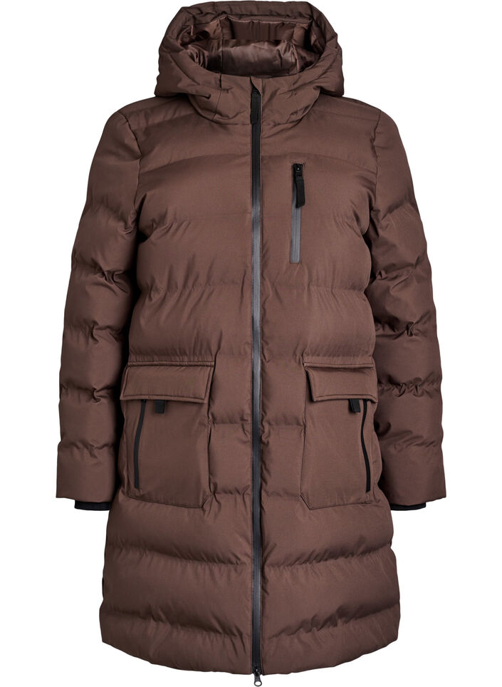 Pufferjas met capuchon en zakken, Bruin, Packshot image number 0