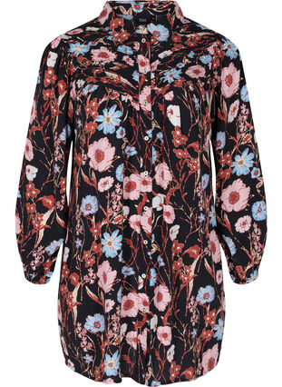 Viscose blouse tuniek met bloemenprint , Black Flower AOP, Packshot image number 0