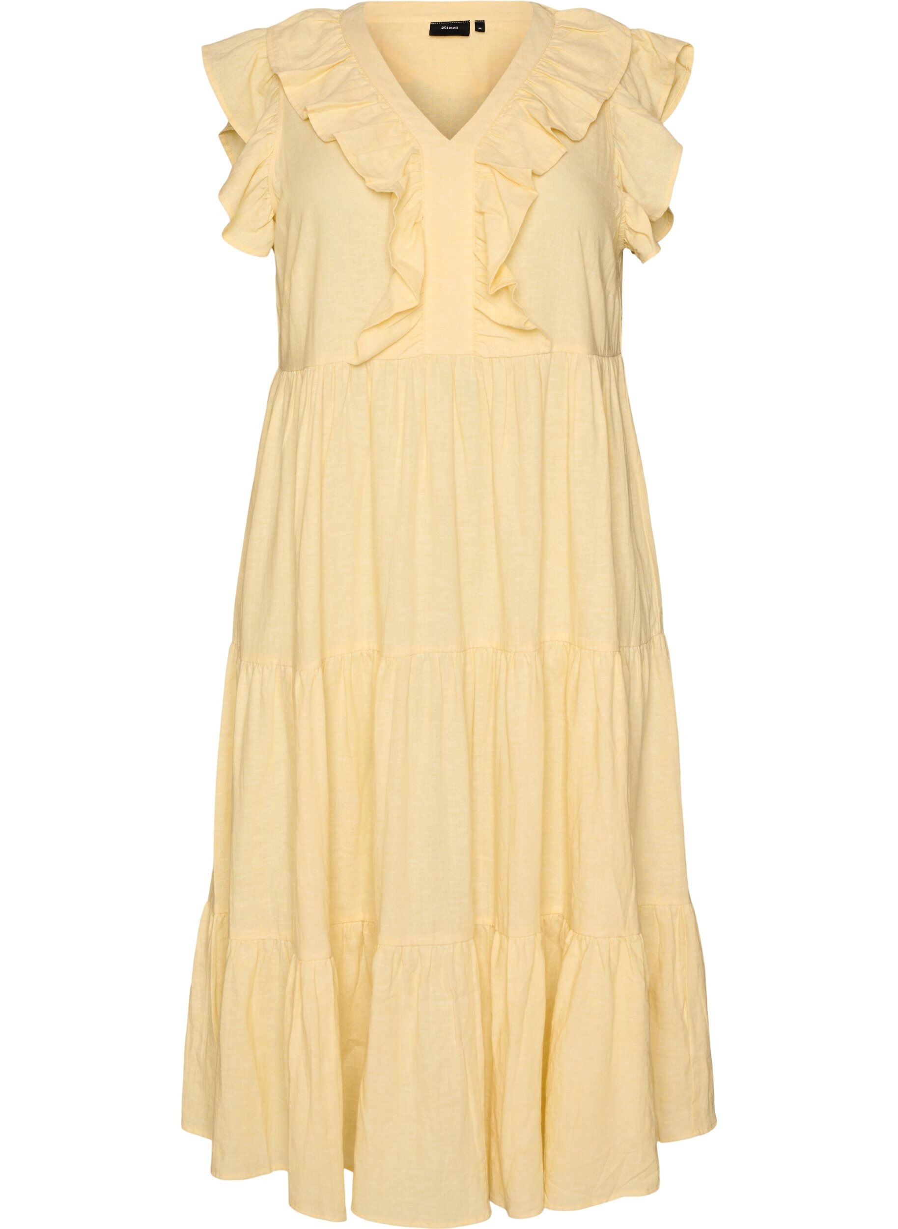 Mouwloze midi jurk in linnen en viscose met ruches