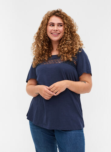 T-shirt en coton avec dentelle, Blue Nights, Model image number 0