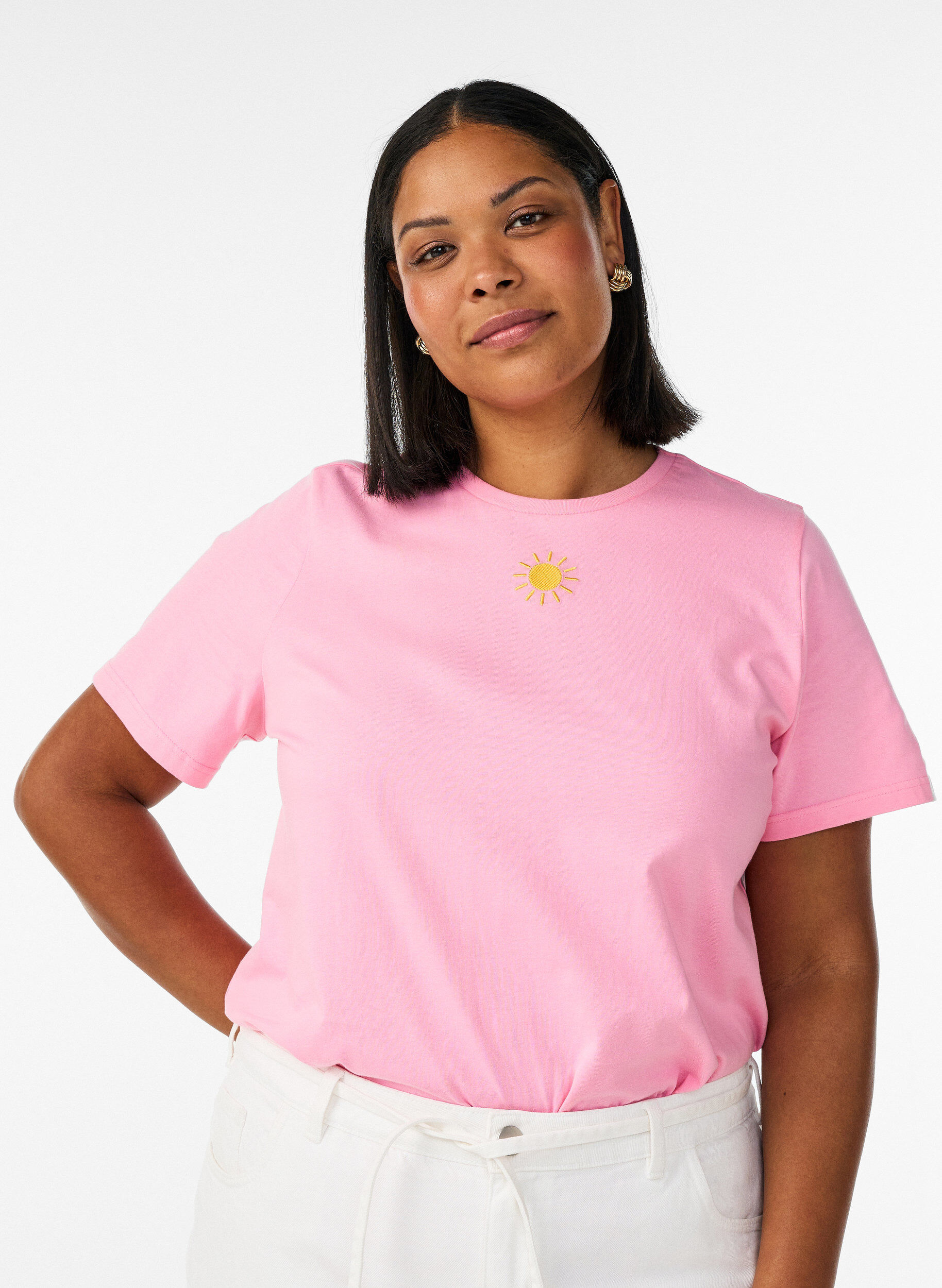 ZizziT-shirt en coton biologique avec motif de texte, Rose, Model image number 0