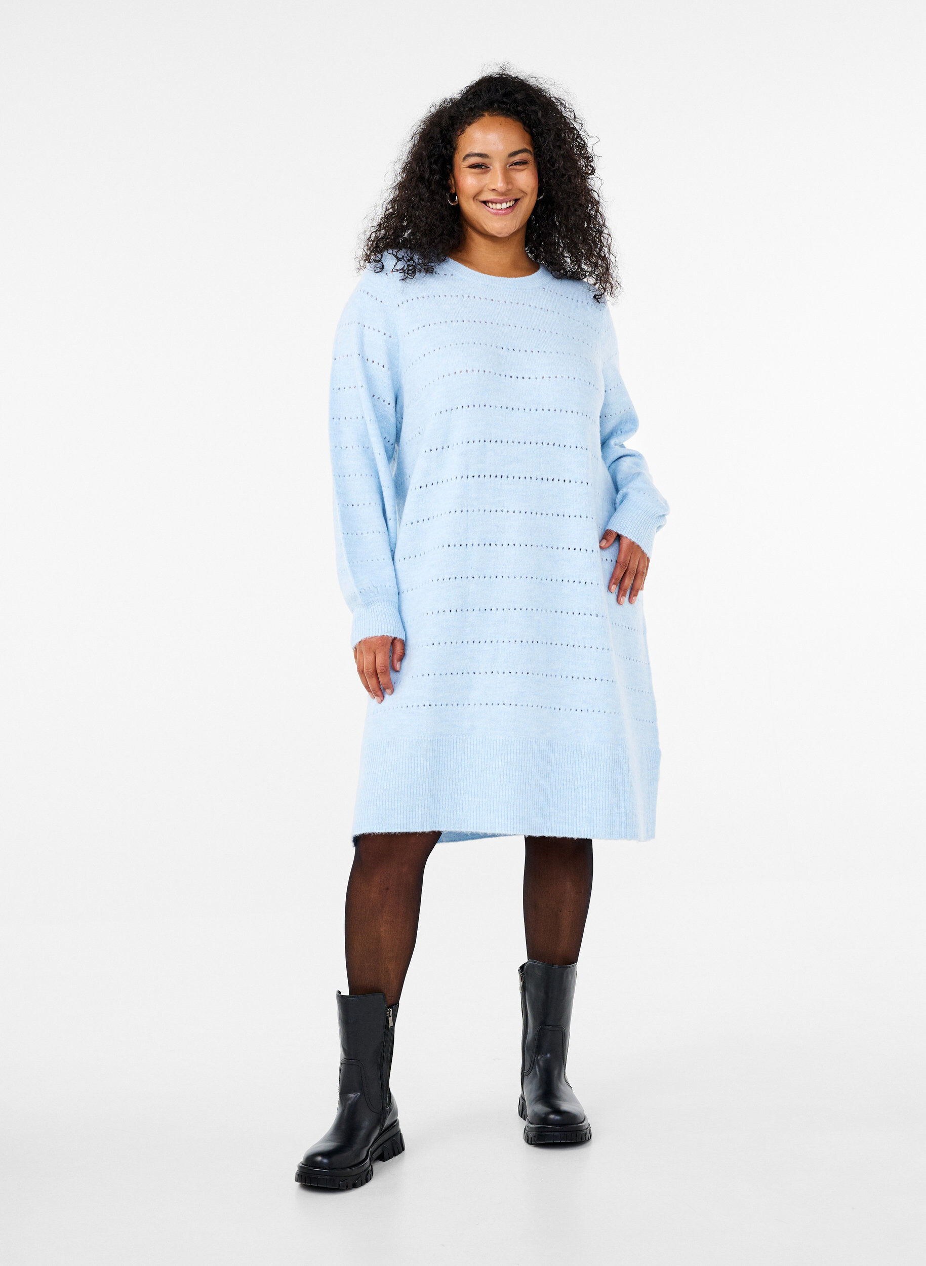 ZizziGebreide jurk met splitjes en kantpatroon, Cashmere Blue Mel., Model image number 2