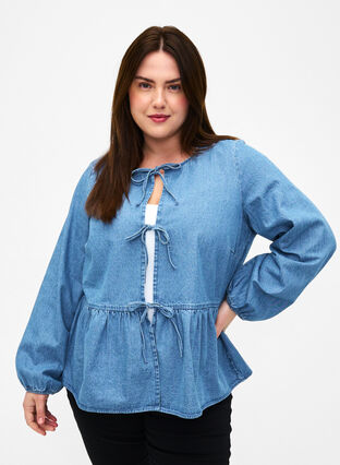Denim peplum blouse met striksluiting, Light Blue Denim, Model image number 0