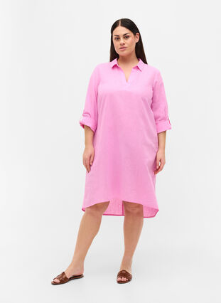 Robe rayée en coton et lin, Begonia Pink, Model image number 2