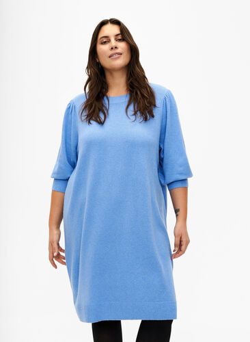 Robe en tricot avec manches 3/4 bouffantes, Blue B. /White Mel., Model image number 0