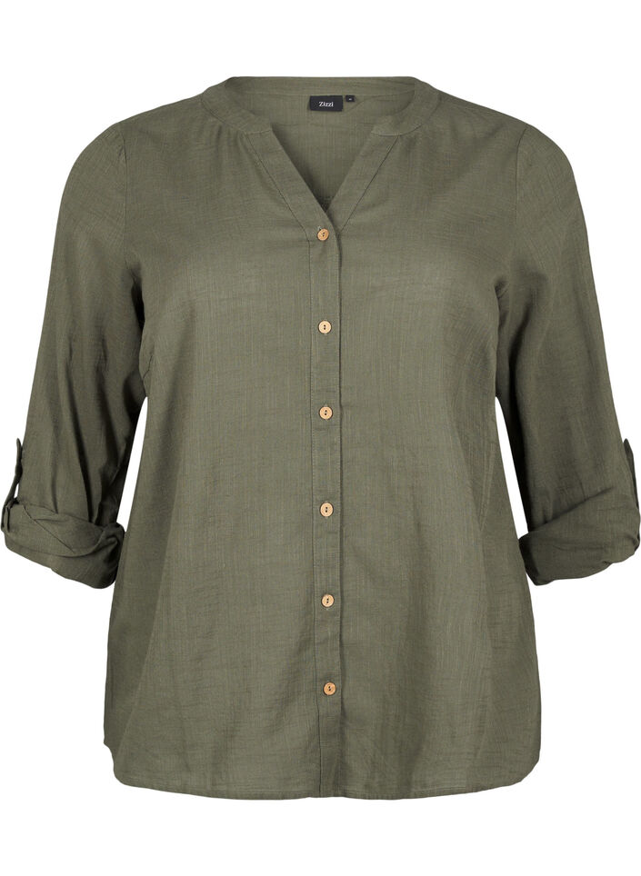 Katoenen blouse met een V-hals, Groen, Packshot image number 0