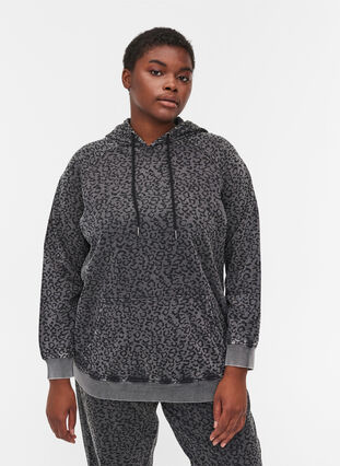 Sweatshirt in biologisch katoen en luipaard print met capuchon, Grey Leo Acid Wash, Model image number 0