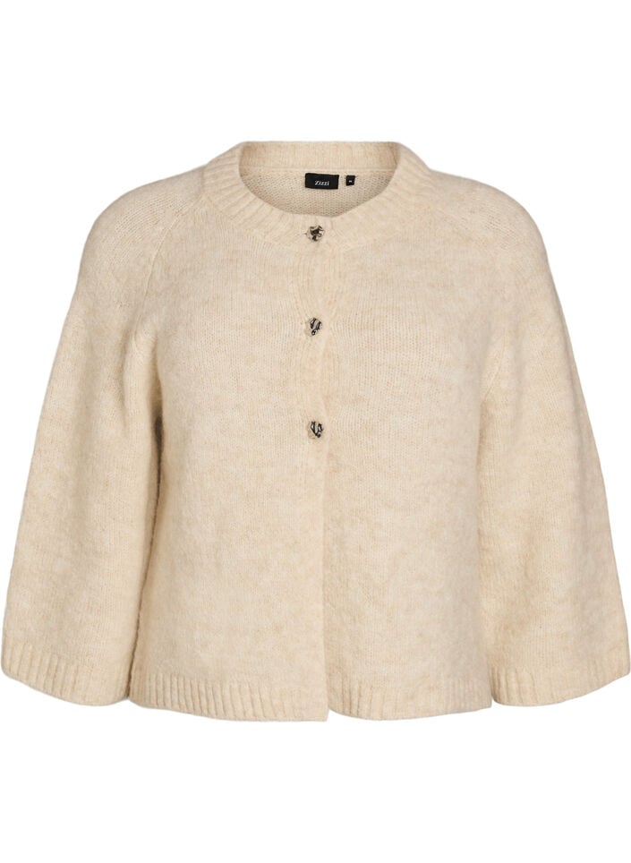 Cardigan en m&eacute;lange de laine avec manches trois-quarts, Beige, Packshot