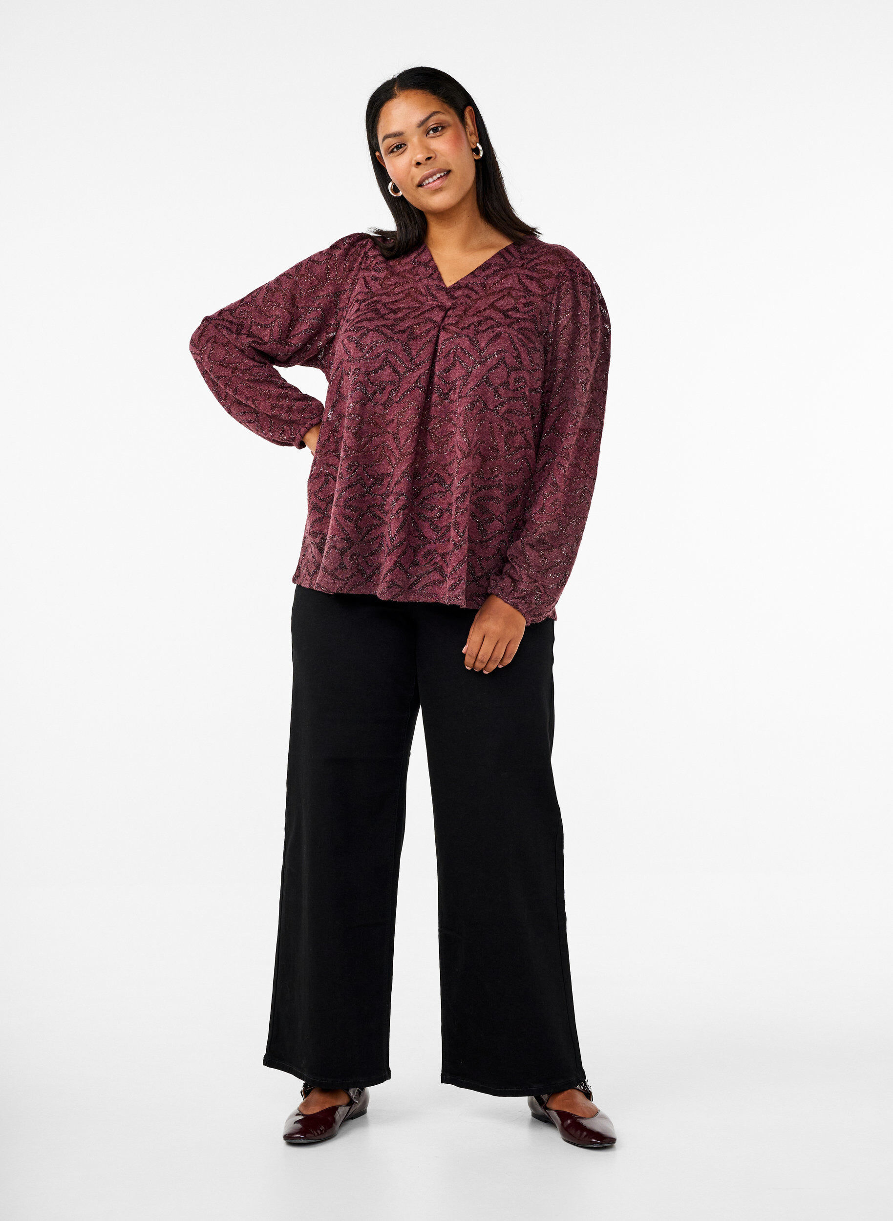 ZizziBlouse met lange mouwen met glitter en patroon, Rood, Model image number 1