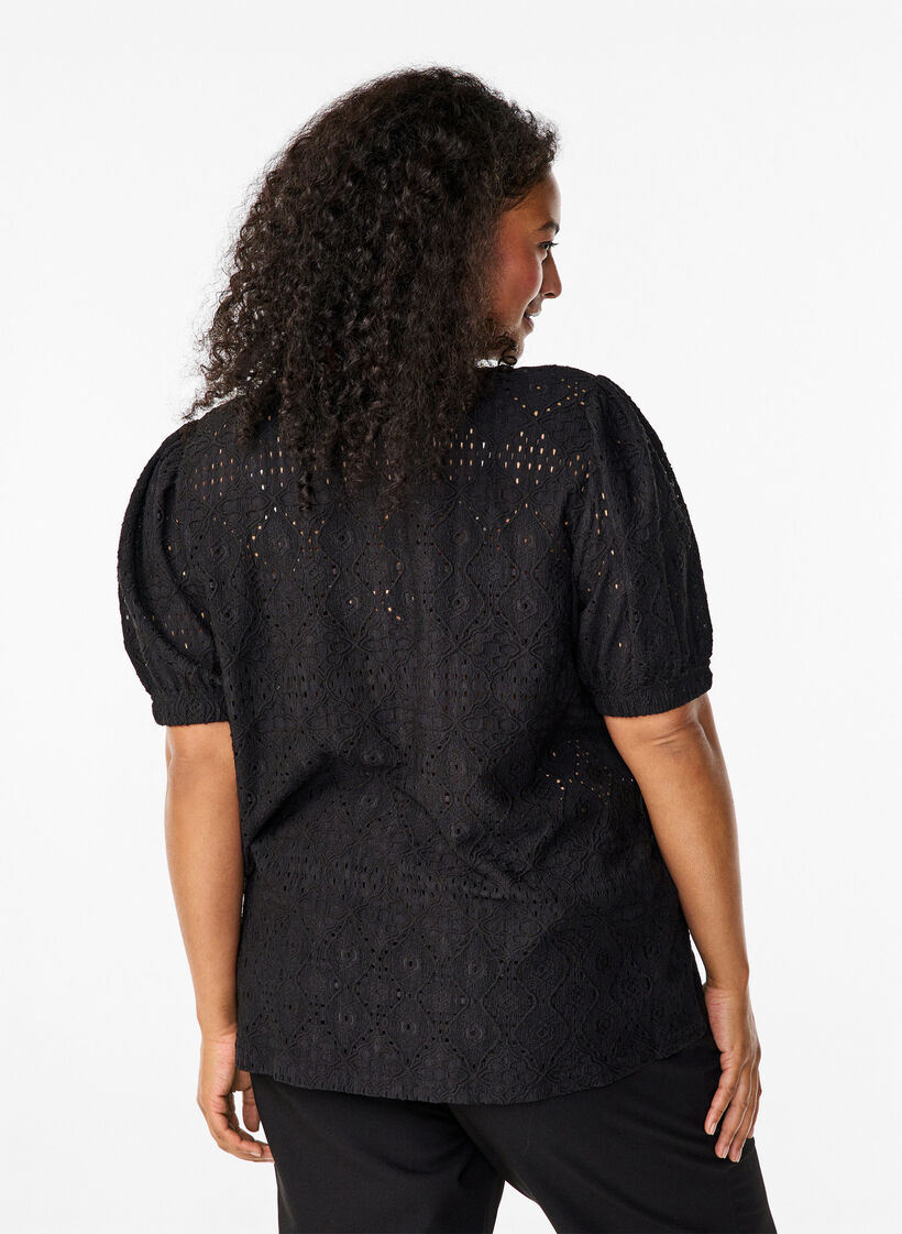 Blouse met korte mouwen en patroon met kant, Black, Model image number 1