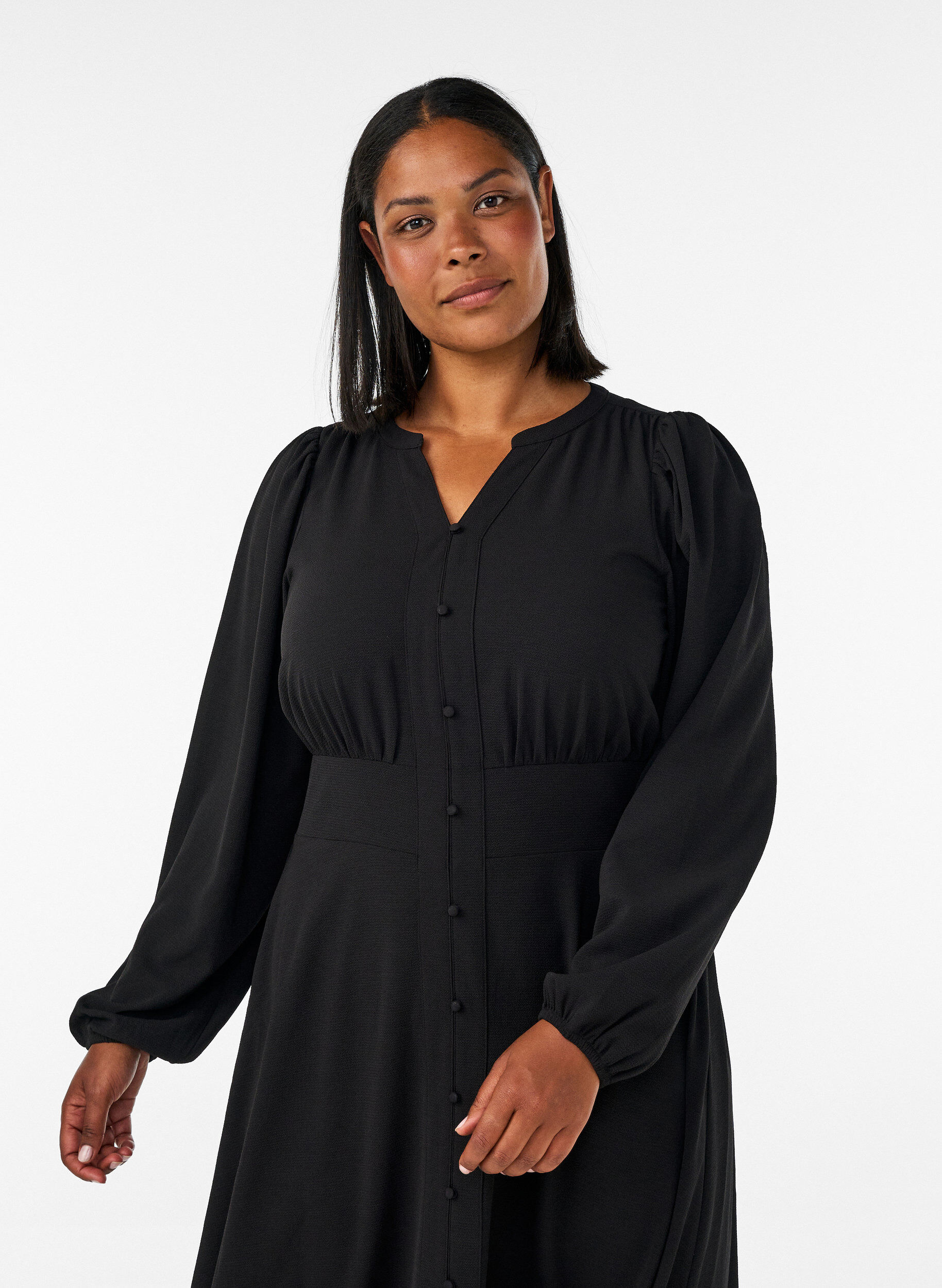 ZizziRobe midi avec smocks et boutons d&eacute;coratifs, Noir, Model image number 2