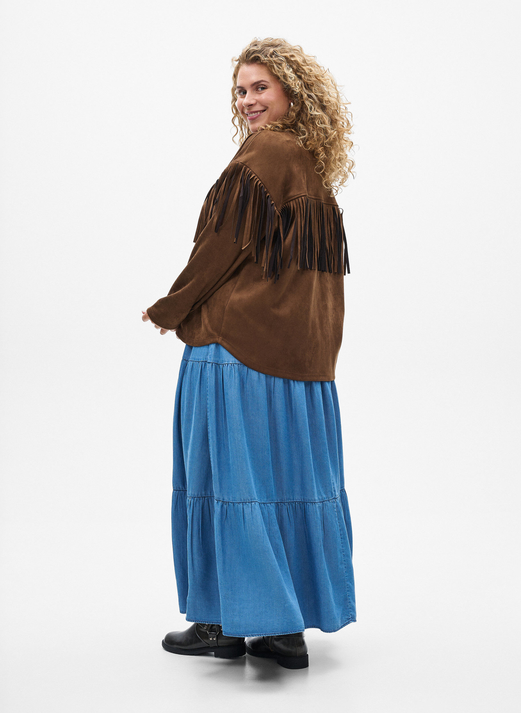 ZizziDenim maxi rok met ruches, Blauw, Model image number 1