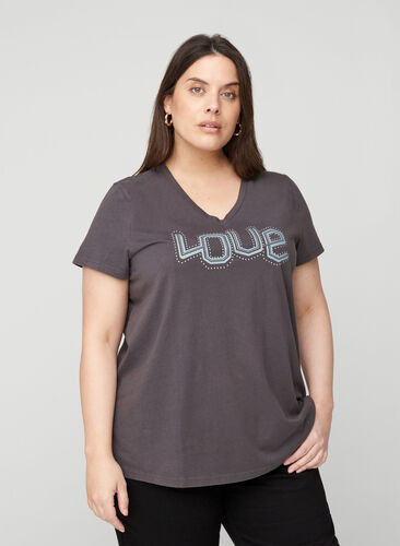 T-shirt en coton à manches courtes et col en V, Black Acid, Model image number 0
