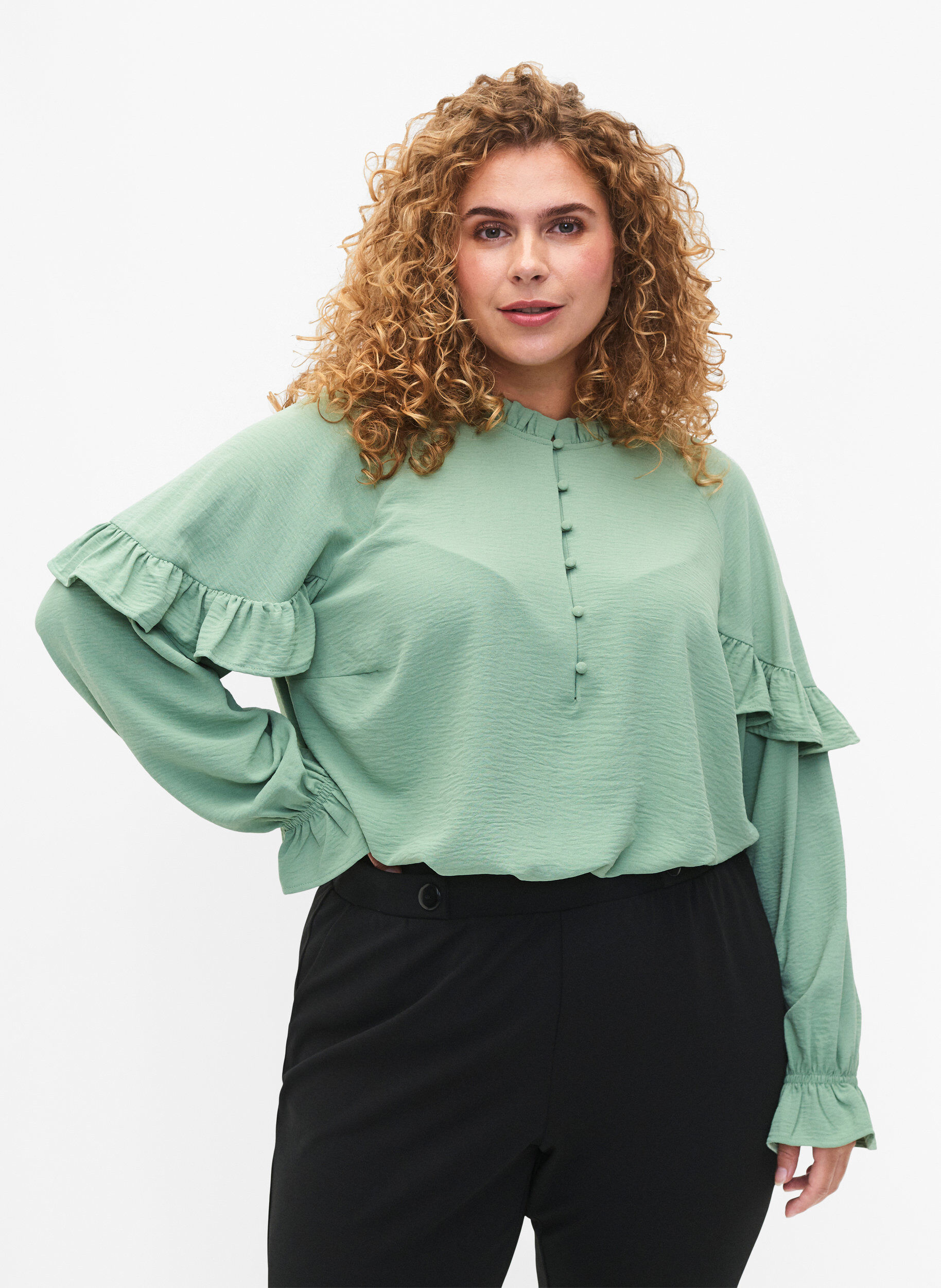 ZizziBlouse met ruches en knopen, Green Bay, Model image number 0