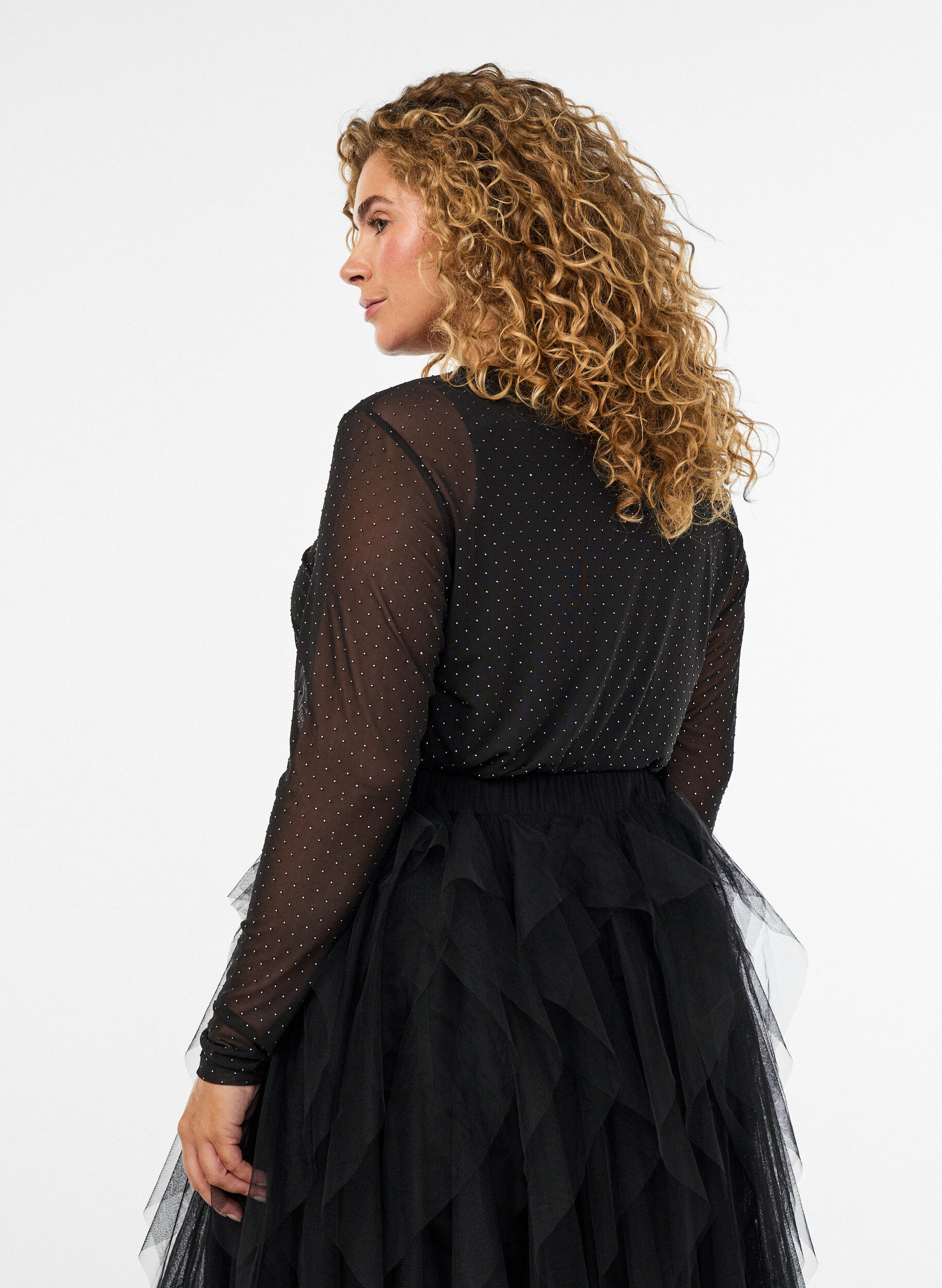 ZizziTransparante mesh blouse met strassteentjes, Zwart, Model image number 2