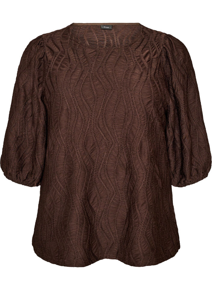 Chemisier avec texture et manches 3/4, Marron, Packshot image number 0