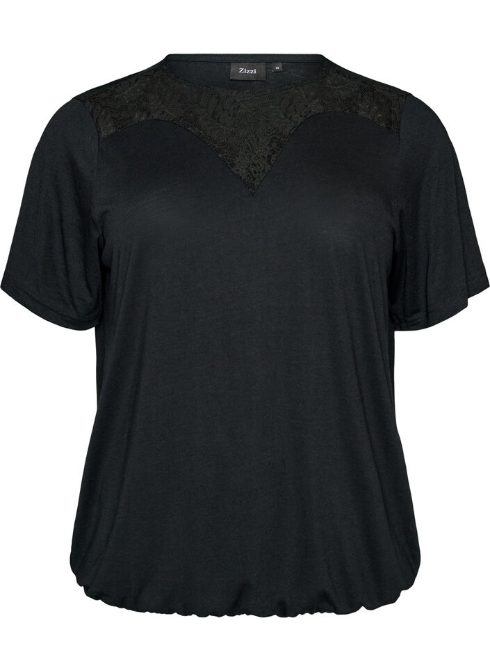 Blouse avec empi&egrave;cement en dentelle et manches ballon, Noir, Packshot image number 0