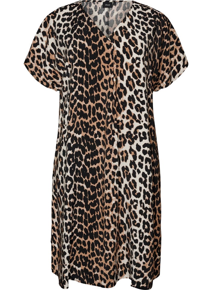 Jurk met V-hals van viscose, Bruin, Packshot image number 0