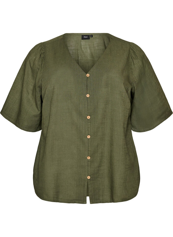 Chemise en coton &agrave; manches courtes avec col V, Vert, Packshot image number 0